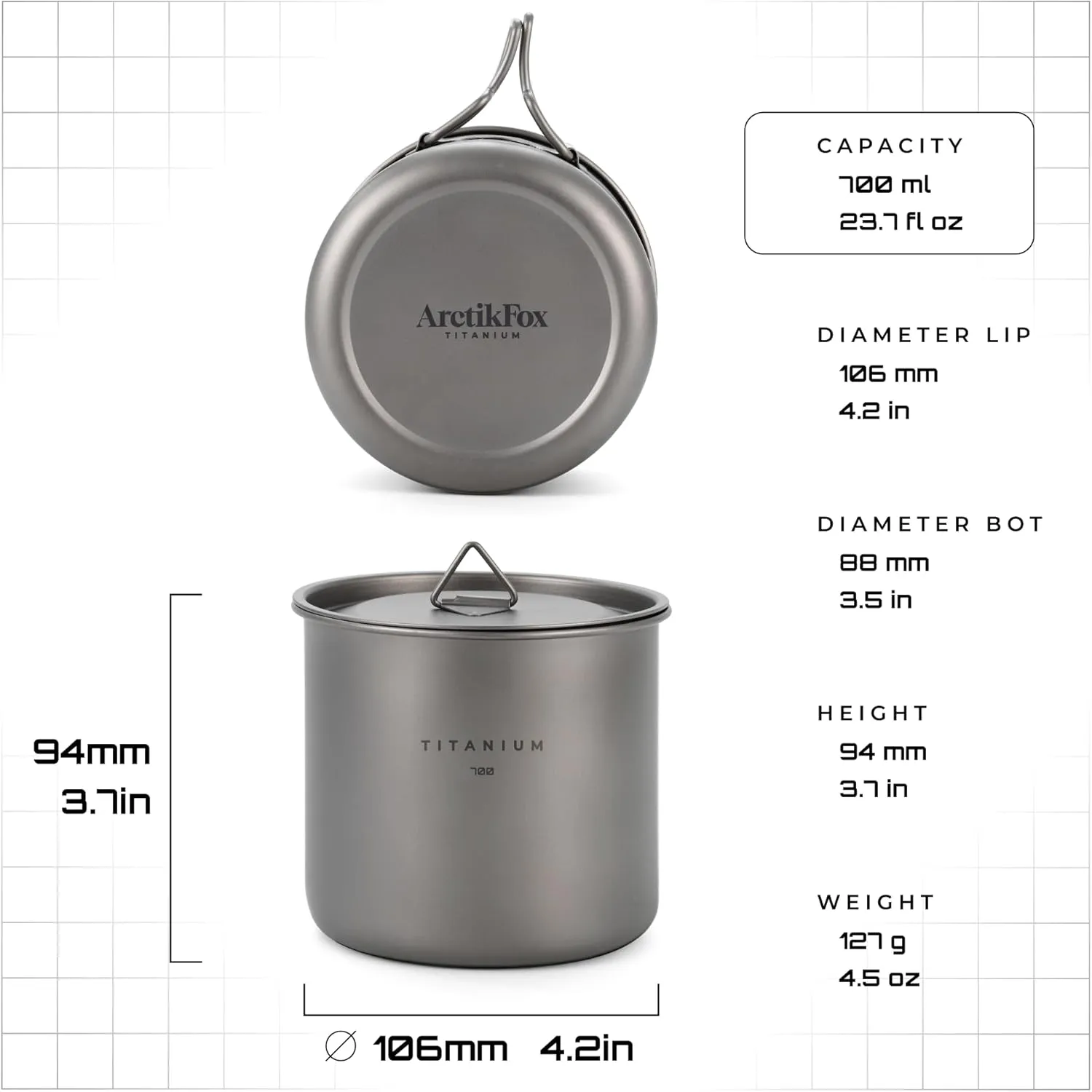 TITANIUM Cup 23 fl oz (700ml) w/Lid and handles - Ultralight Camping Pot, Portable Drinkware, Travel Coffee Mug