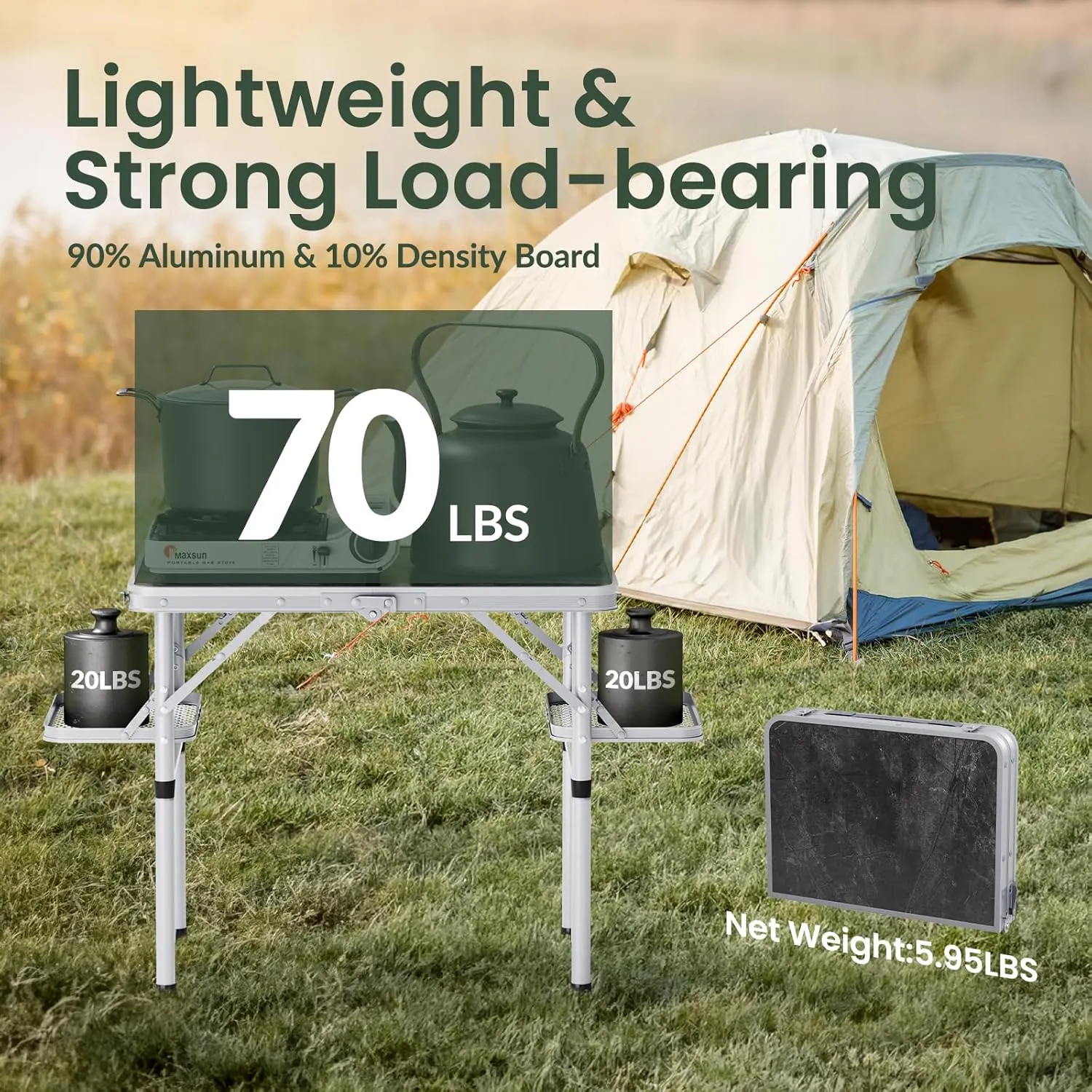 Titanker Folding Camping Table Small 2ft, Small Camp Table Portable with 50% Extra Space, Folding Picnic Beach Table Portable, Car Camping Essentials, Aluminum Light & Solid, Silver
