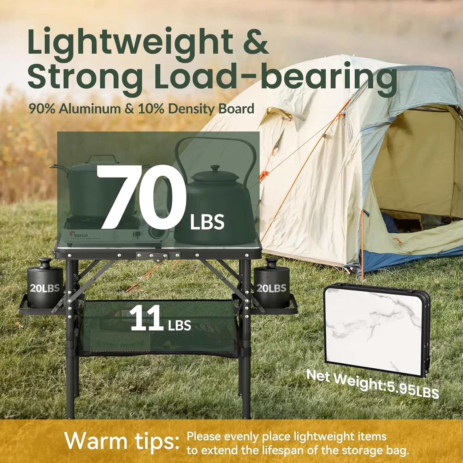Titanker Small Folding Camping Table with Storage Bag & Side Racks, Portable Picnic & Beach Table, Car Camping Essentials, Aluminum