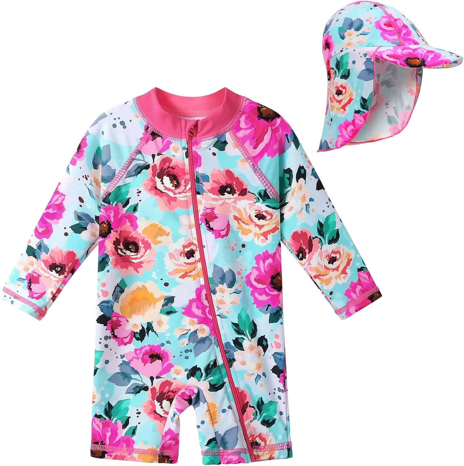 Toddler Girls One Piece Rash Guard Swimsuit Kid Swimwear Sun Suit Short UPF 50  Sun Protection with Sun Hat