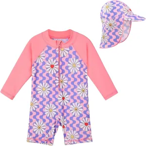 Toddler Girls One Piece Rash Guard Swimsuit Kid Swimwear Sun Suit Short UPF 50  Sun Protection with Sun Hat