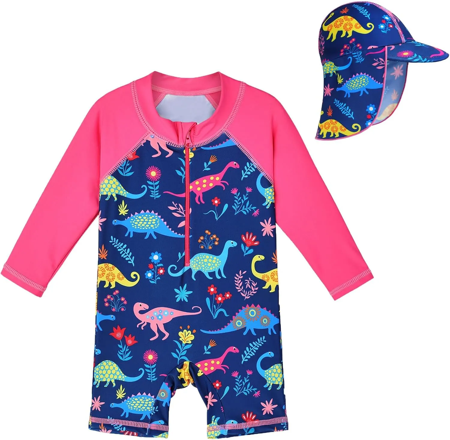 Toddler Girls One Piece Rash Guard Swimsuit Kid Swimwear Sun Suit Short UPF 50  Sun Protection with Sun Hat