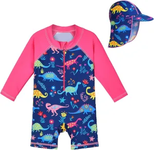 Toddler Girls One Piece Rash Guard Swimsuit Kid Swimwear Sun Suit Short UPF 50  Sun Protection with Sun Hat