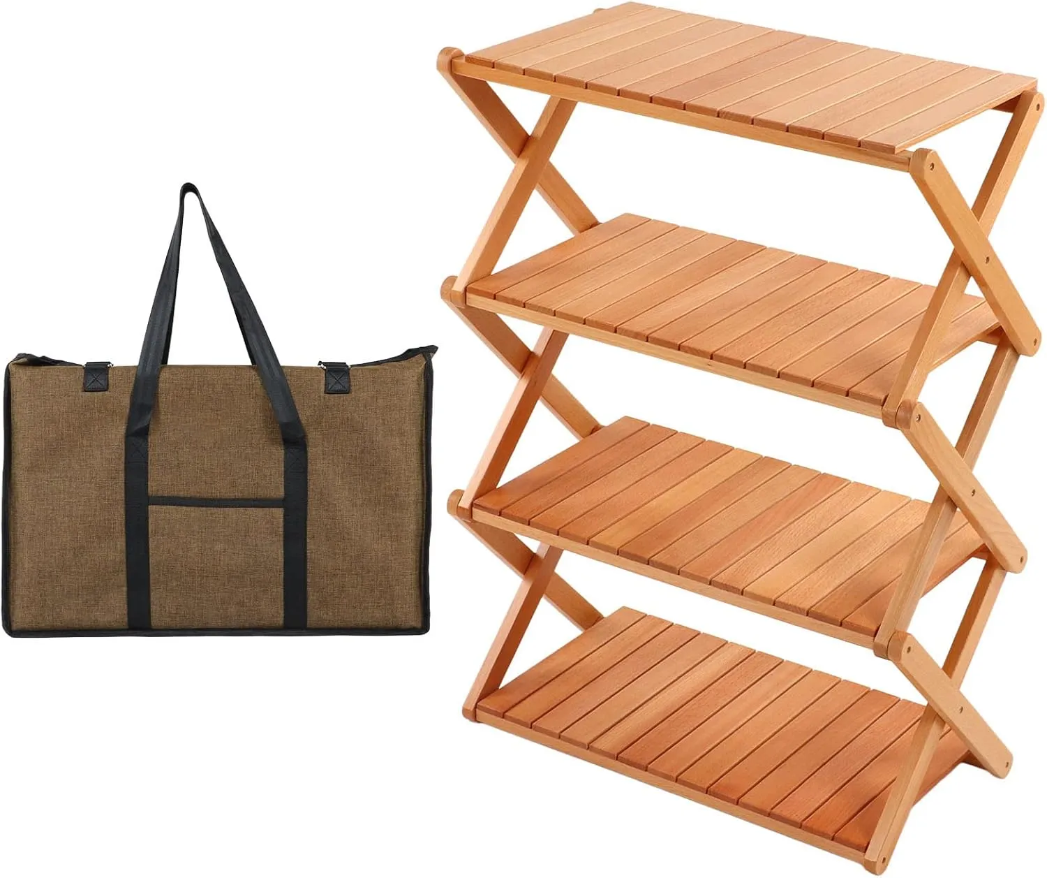Topyond Camping Grill, Korean BBQ Grill,Outdoor Camping Solid Wood Folding Shelf, Camping Storage Rack, Multi-Layer Portable Storage Wooden Table, Camping Barbecue Grill