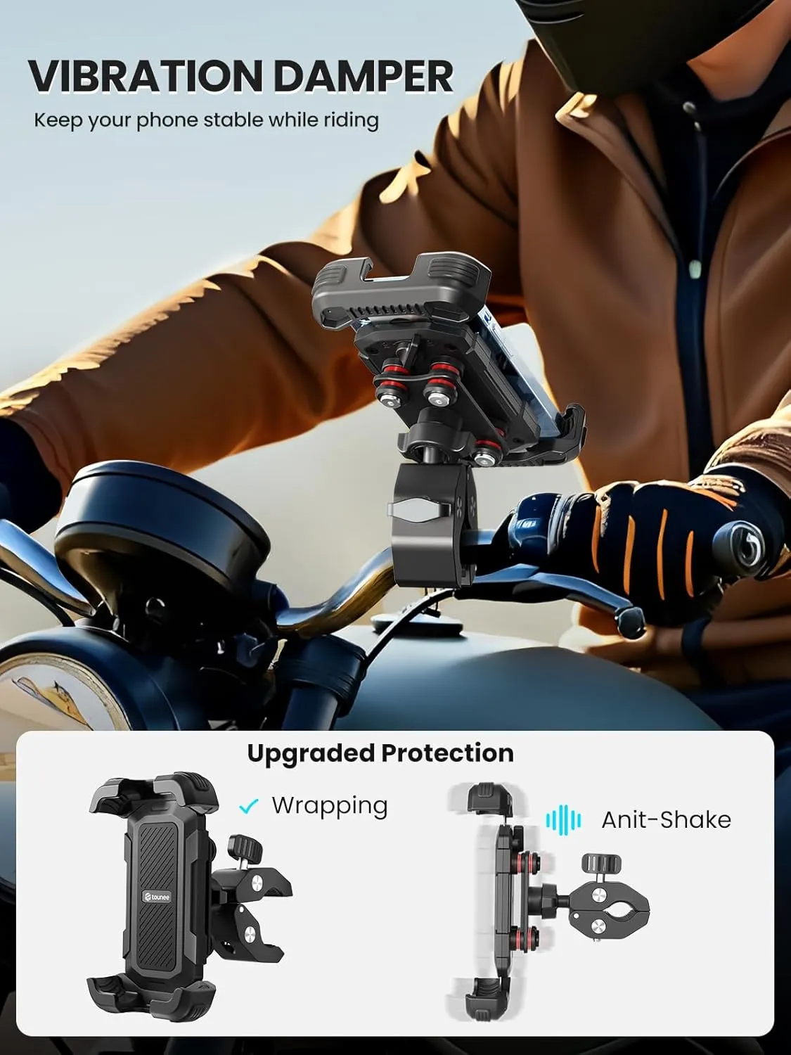 tounee Motorcycle Phone Holder Mount -Dual Vibration Dampener, Tool-Free Bike Phone Holder Handlebar Clip & Secure Lock for iPhone 16/15 Pro Max, 4.7-6.9" Phones - Black
