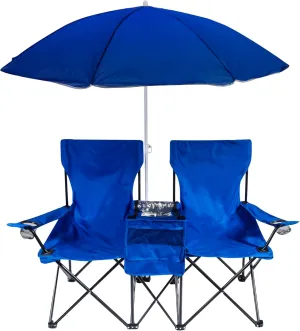 Trademark Innovations Double Folding Camp and Beach Chair with Removable Umbrella and Cooler (Blue)