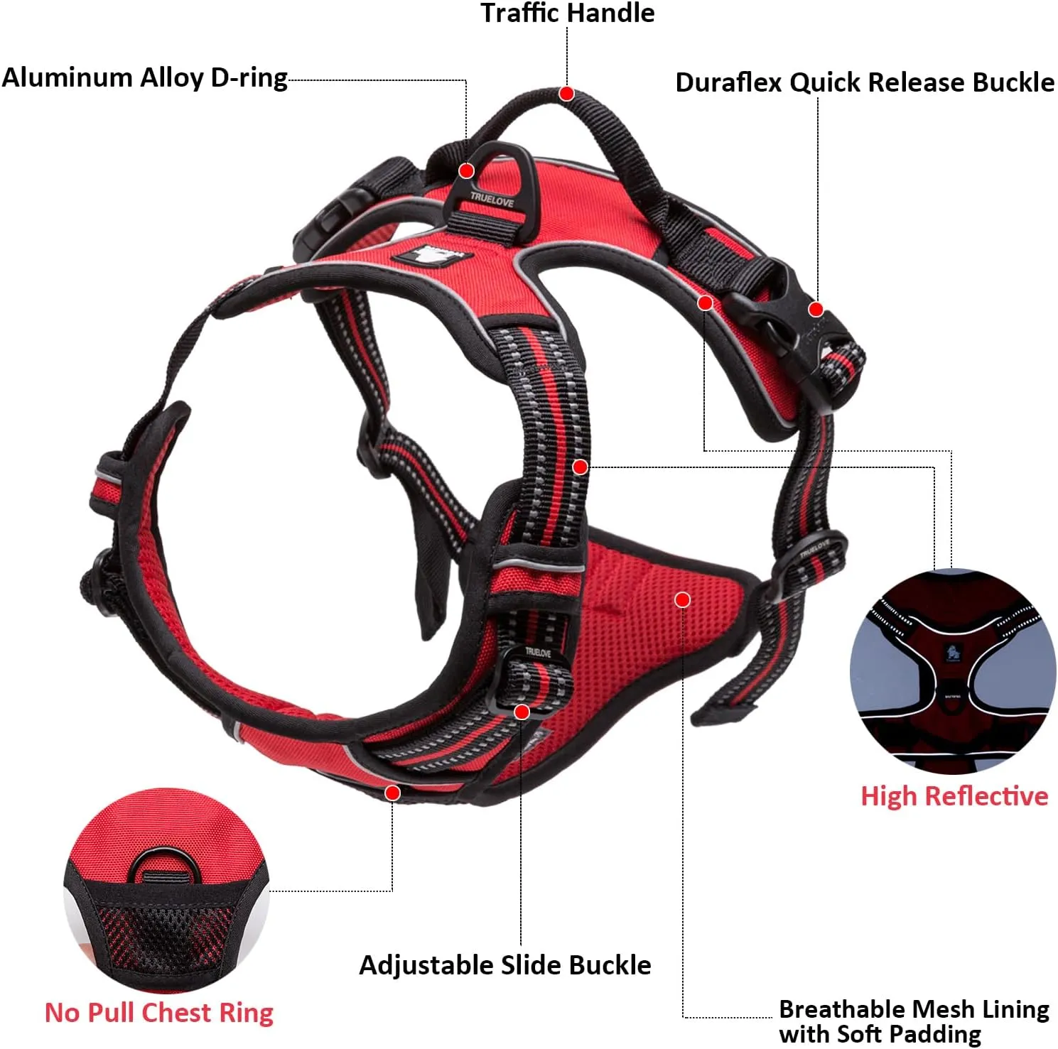 TRUE LOVE Adjustable No-Pull Dog Harness Reflective Pup Vest Harnesses Comfortable Control Brilliant Colors Truelove TLH5651(Fushcia,L)