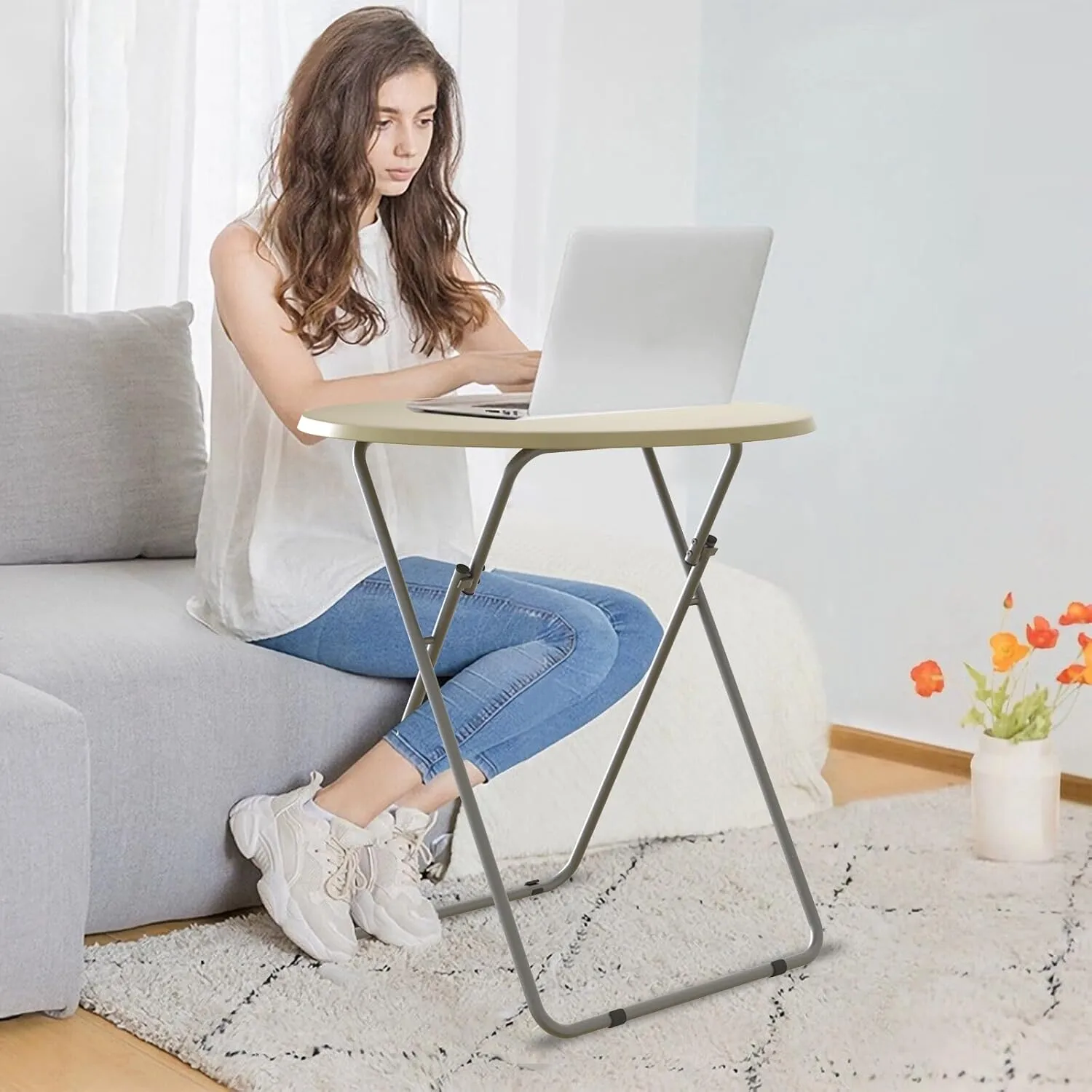 Tv Trays, Round Folding Tray Table, Dinner Tray Table with No Assembly Required&Sturdy,Snack Eating Trays Table for Living Room,17.5 x 17.5 x 26 in(Natural)