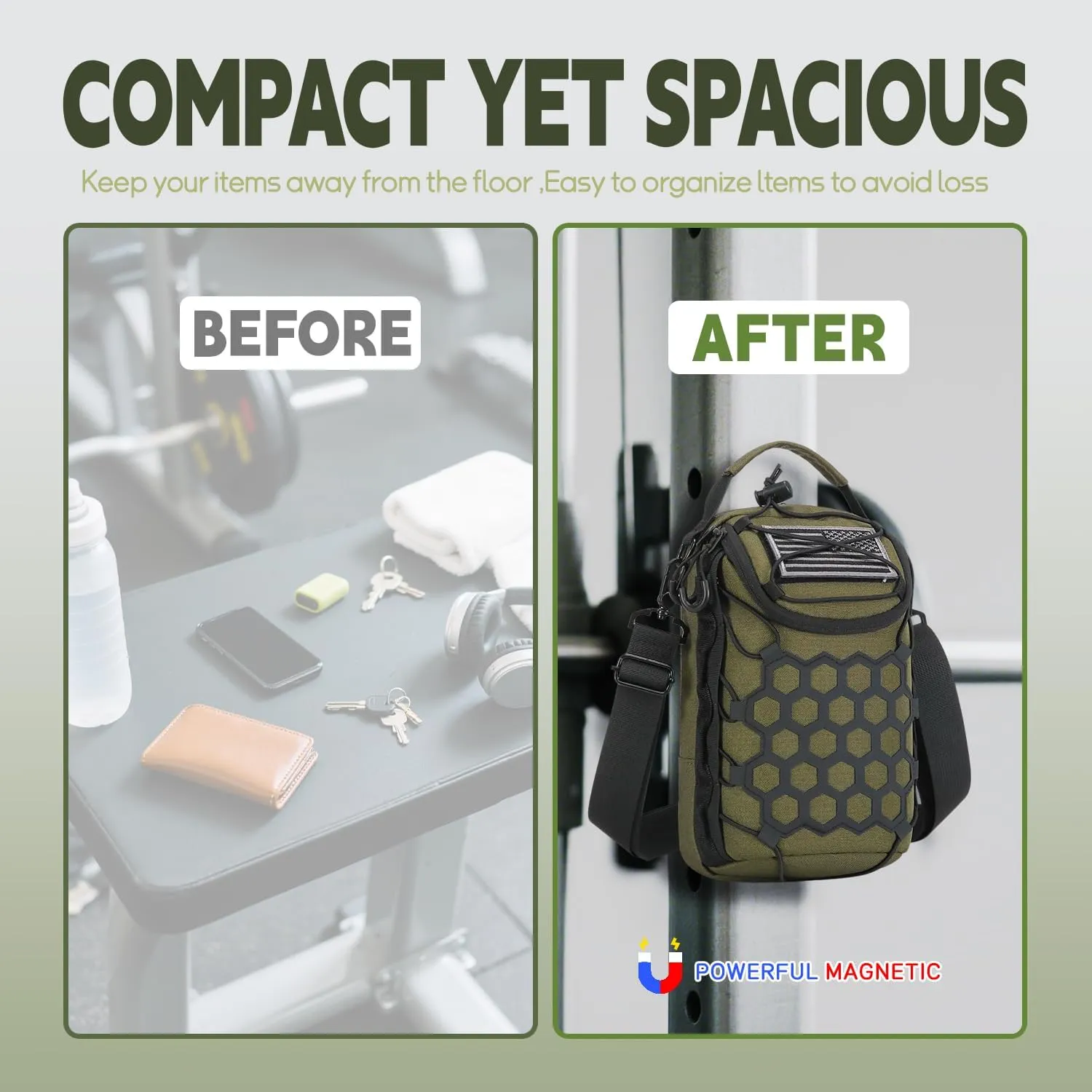 Ultra-Strong Magnetic Gym Bag - Versatile Fitness, Work, Travel & Sports Backpack with Stylish Design, Durable Material & Multi-Size Water Bottle Holder (Olive)