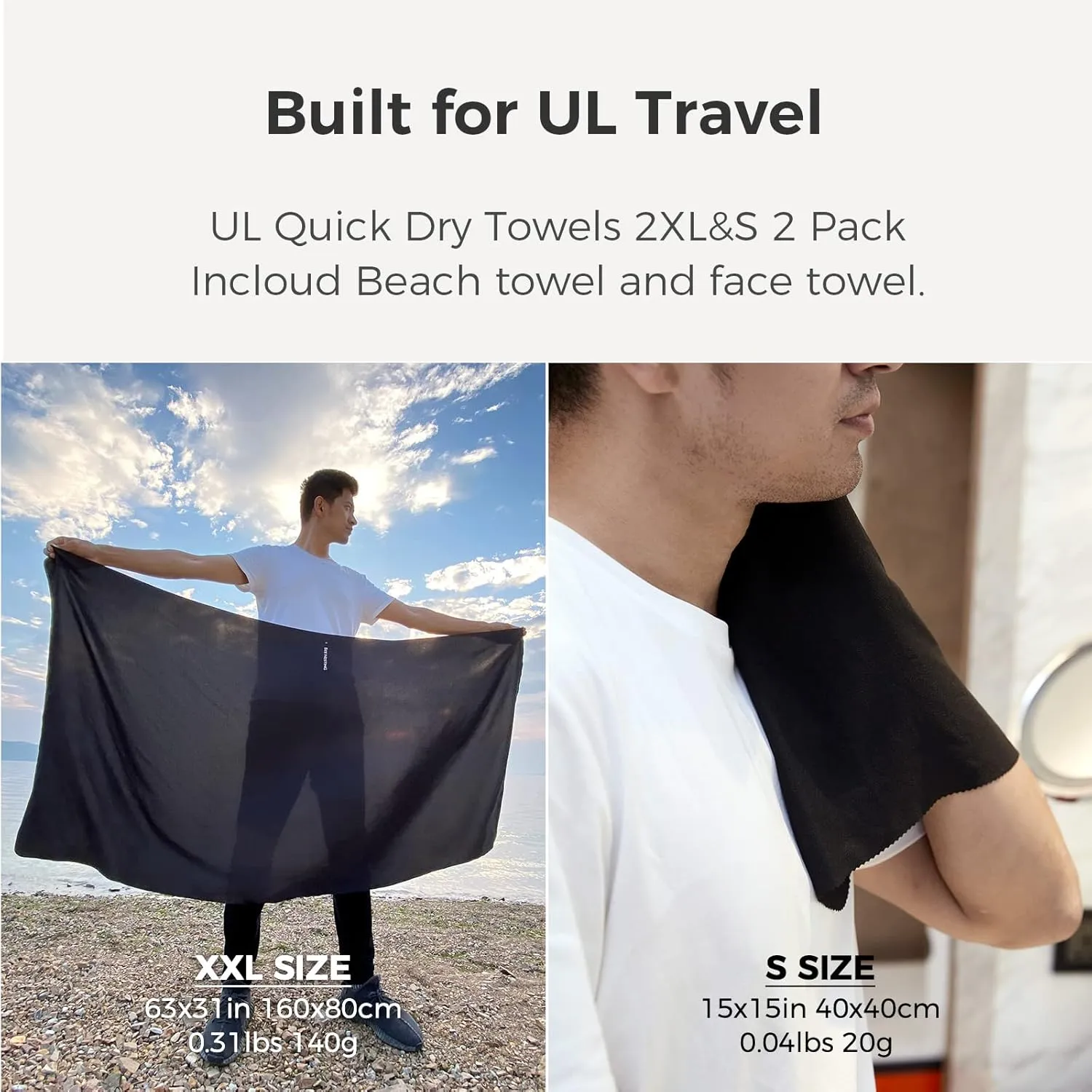 Ultralight Quick Dry Towel, 2 Pack Microfiber Towels with Compact Packable Pocket for Backpacking Travel Beach Gym Camping (Mint Green 2 Set), 2XL&S