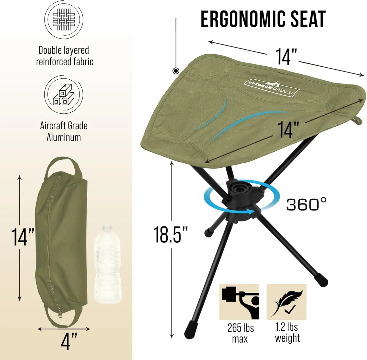 Ultralightweight 360° Rotating Camping Stool - 1.2 lbs, 265 lbs Max Load - Portable, Foldable Tripod Chair for Hiking, Hunting, Camping, Waiting in Line - Collapsible - 360 Swivel
