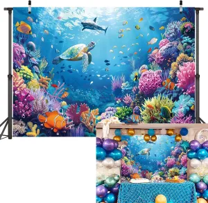 Underwater World Backdrop 8x6FT Under The Sea Photography Background Fishbowl Backdrop Under The Sea Aquarium Coral Tropical Fish Baby Shower Birthday Party Banner