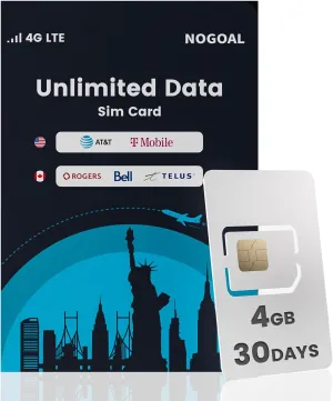 Unlimited Data Sim Card, Prepaid Sim Card USA/CA, Support AT&T/T-Mobile/Roger/Bell/Telus, Data Only Sim Card for Cell Phones/GPS Tracker/Camera/Hotspot/Router/Tablet 4G Unlocked Device