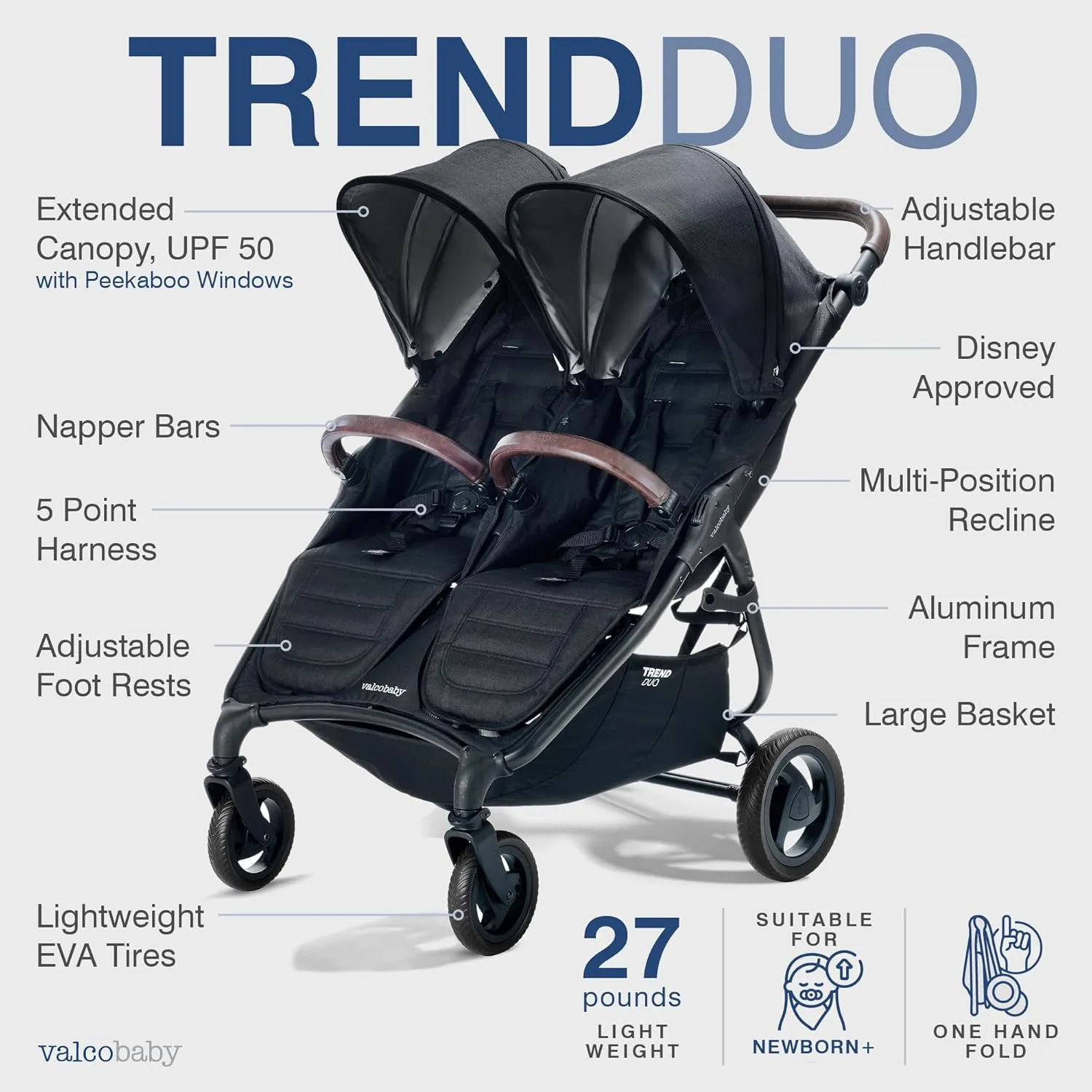 Valco Baby Trend Duo Light Weight Side by Side Double Stroller 2023 (Night Black) - Easy and Compact fold, Multi-Position Recline, Large Canopy, Independent Twin Vents and More - Luxurious Twin Pram