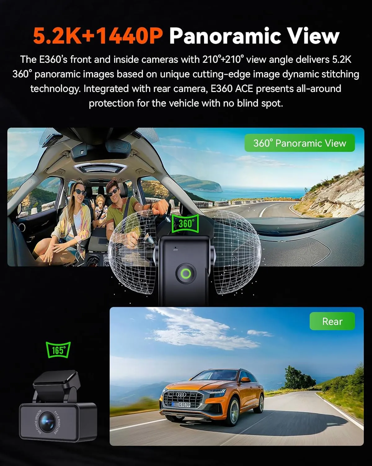 Vantrue E360 ACE 5.2K 360° Panoramic WiFi Dash Cam, Handheld Action Camera, STARVIS 2, HDR, IR Night Vision, Front Rear Inside Dashcam, Voice Control, GPS, 24/7 Parking Mode, Support LTE & 512GB Max