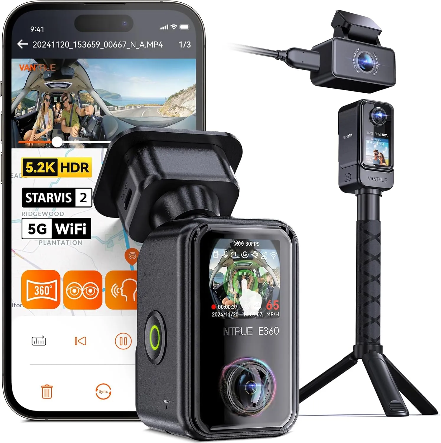 Vantrue E360 ACE 5.2K 360° Panoramic WiFi Dash Cam, Handheld Action Camera, STARVIS 2, HDR, IR Night Vision, Front Rear Inside Dashcam, Voice Control, GPS, 24/7 Parking Mode, Support LTE & 512GB Max