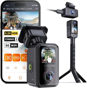 Vantrue E360 ACE 5.2K 360° Panoramic WiFi Dash Cam, Handheld Action Camera, STARVIS 2, HDR, IR Night Vision, Front Rear Inside Dashcam, Voice Control, GPS, 24/7 Parking Mode, Support LTE & 512GB Max