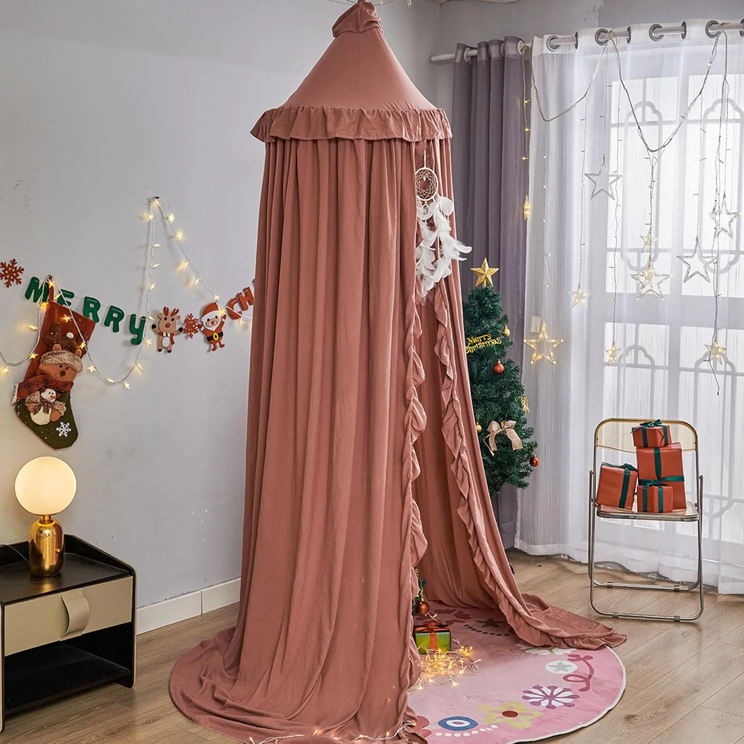 VETHIN Bed Canopy for Girls Kids,Princess Round Dome Children Dreamy Mosquito Net Bedding Girls Room Castle Play Tent Hanging House Decor Reading Nook Canopies (JujubeRed)
