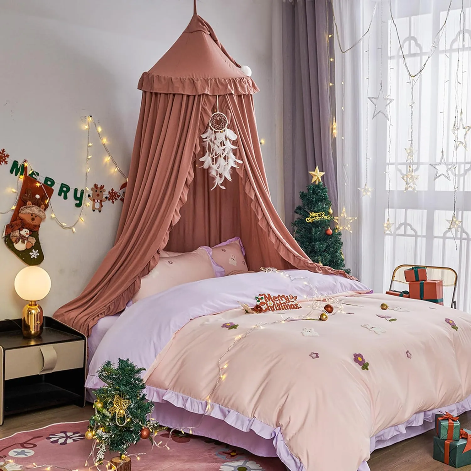 VETHIN Bed Canopy for Girls Kids,Princess Round Dome Children Dreamy Mosquito Net Bedding Girls Room Castle Play Tent Hanging House Decor Reading Nook Canopies (JujubeRed)