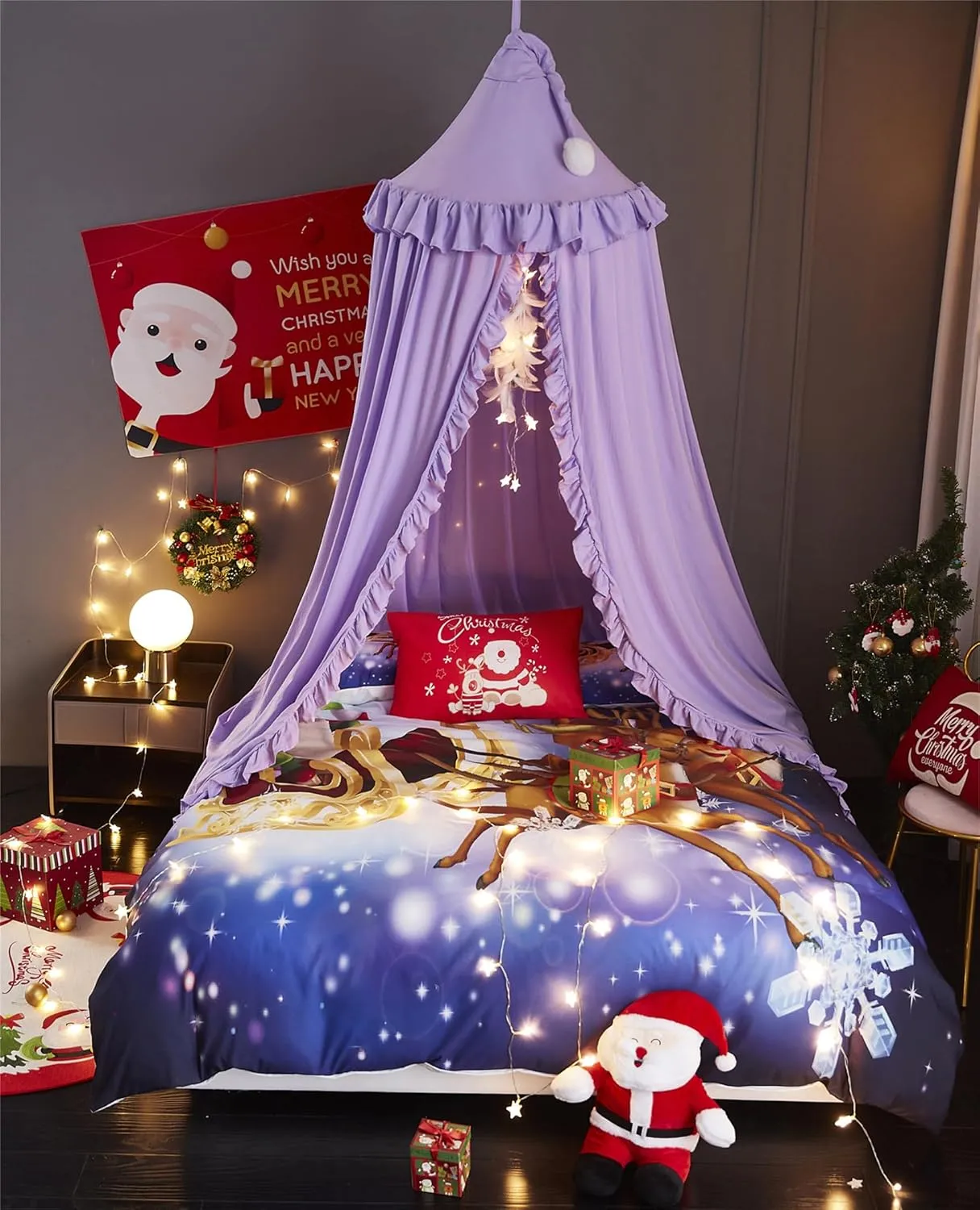 VETHIN Bed Canopy for Girls Kids,Princess Round Dome Children Dreamy Mosquito Net Bedding Girls Room Castle Play Tent Hanging House Decor Reading Nook Canopies (Purple)