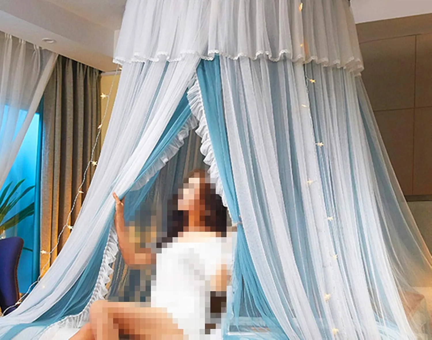 VETHIN Princess Bed Canopy for Girls,Bed Canopy Curtain- Double Layer Sheer Mesh Dome Bed Curtain- Round Lace Princess Mosquito Net Tent with led Stars String Lights(Blue/White)