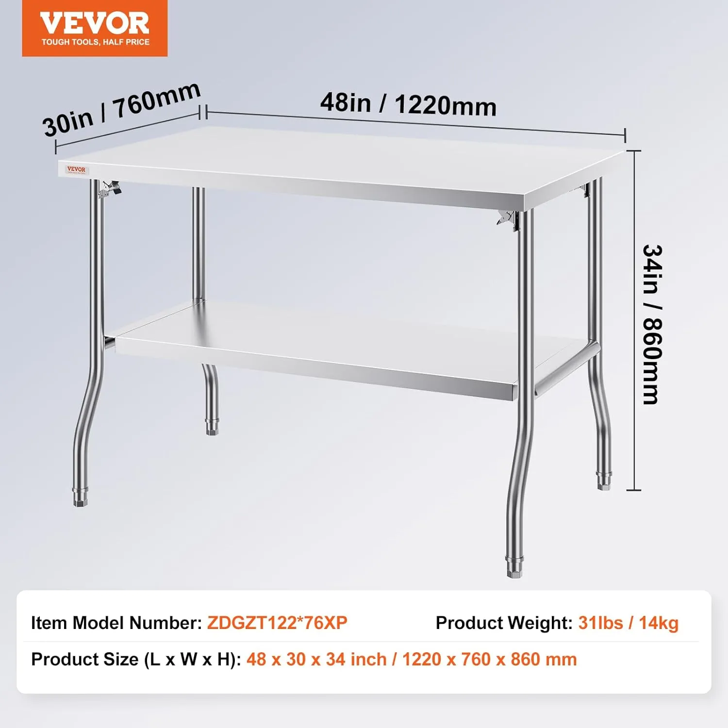 VEVOR Commercial Worktable Workstation 48x30 Inch Folding Commercial Prep Table, Double-Shelf Stainless Steel Folding Table, Kitchen Work Table with 772 lbs Load Silver Stainless Steel Kitchen Island