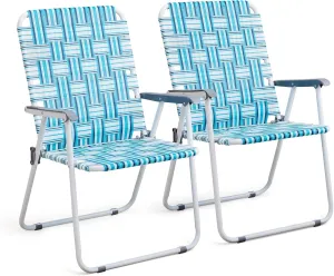 VINGLI Patio Lawn Webbed Folding Chairs Outdoor Beach Portable Camping Chair for Yard, Garden (2, White & Blue, Oversized)
