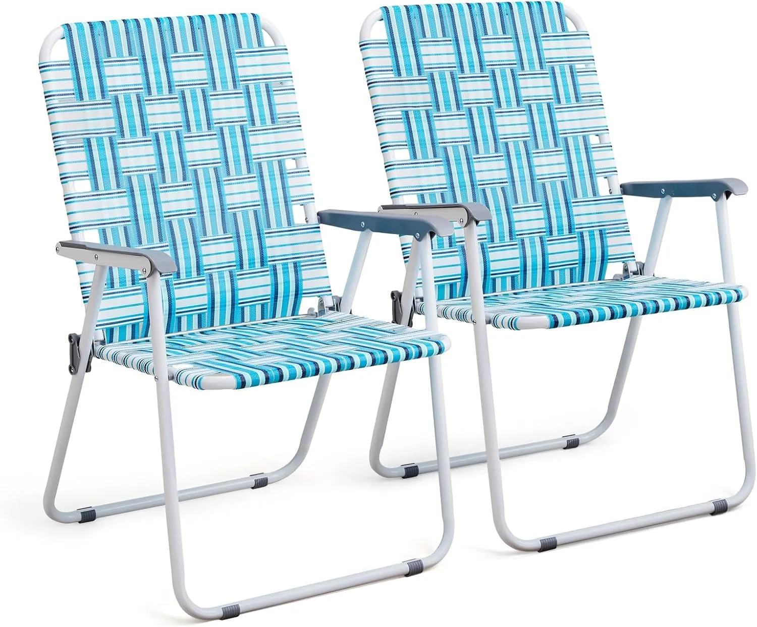 VINGLI Patio Lawn Webbed Folding Chairs Outdoor Beach Portable Camping Chair for Yard, Garden (2, White & Blue, Oversized)