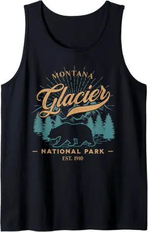 Vintage Glacier National Park Grizzly Bear Mountains Sunrise Tank Top