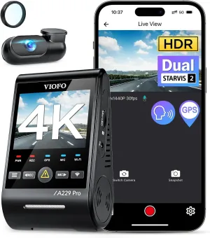 VIOFO A229 Pro 4K HDR Dash Cam, Dual STARVIS 2 IMX678 IMX675, 4K 2K Front and Rear Car Camera, 2 Channel with HDR, Voice Control, 5GHz WiFi GPS, Night Vision 2.0, 24H Parking Mode, Support 512GB Max
