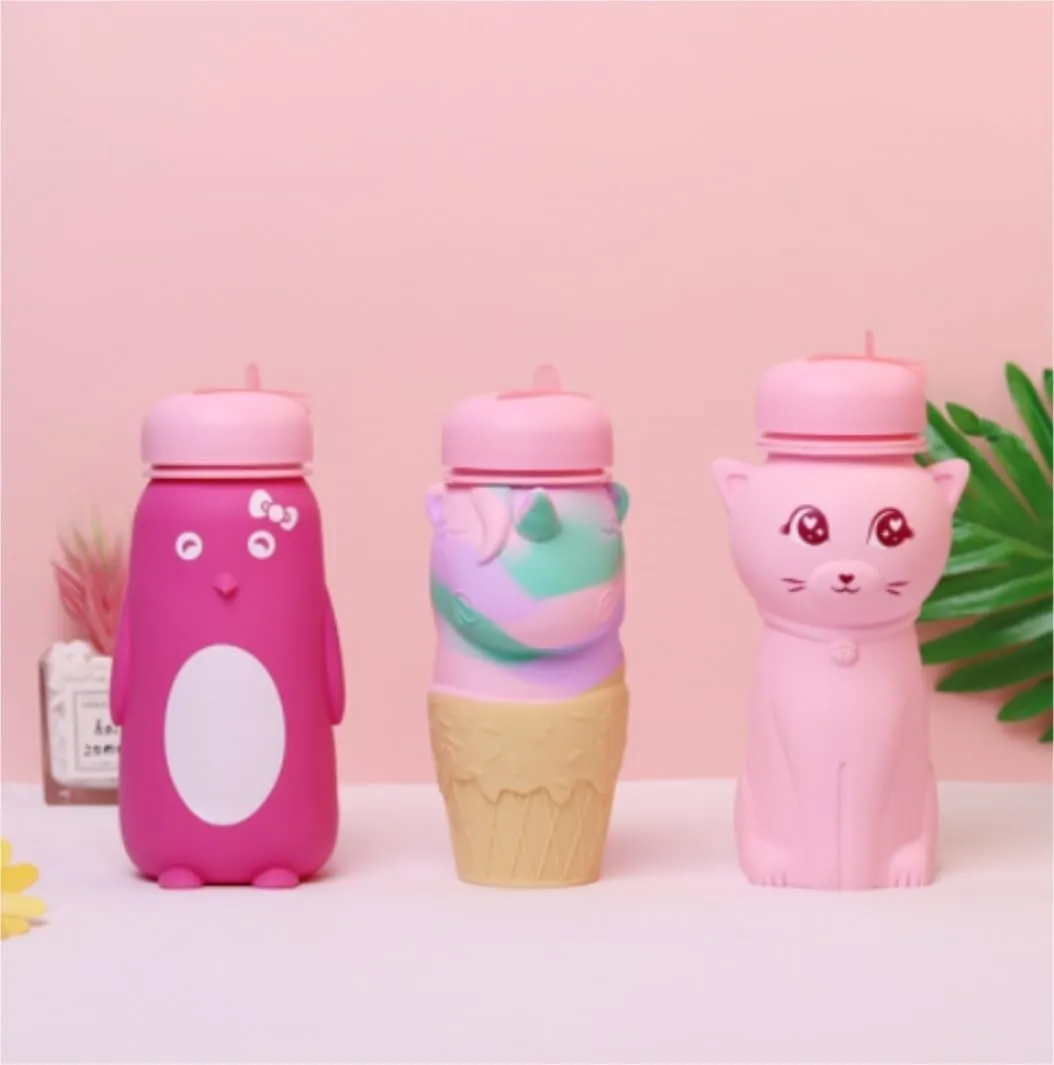 Water Bottle Cartoon Kettle Portable Anti-Fall and Leak-Proof Silicone Folding Water Cup Outdoor Sports Cup(Black Penguin Bottle)