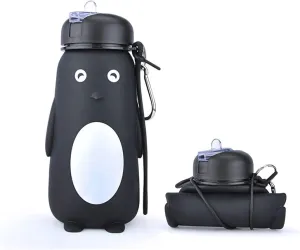 Water Bottle Cartoon Kettle Portable Anti-Fall and Leak-Proof Silicone Folding Water Cup Outdoor Sports Cup(Black Penguin Bottle)