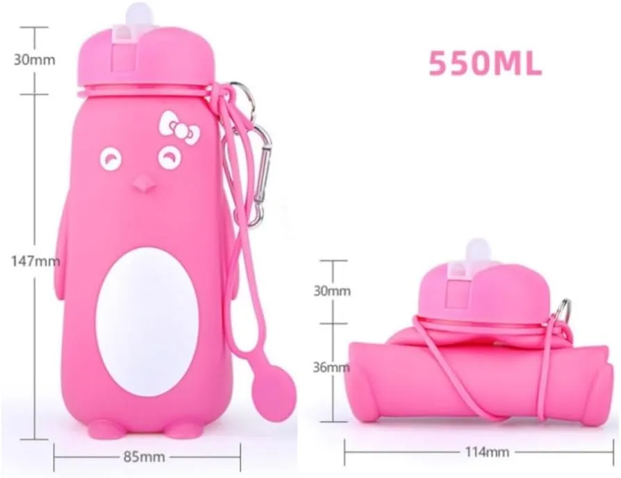 Water Bottle Cartoon Kettle Portable Anti-Fall and Leak-Proof Silicone Folding Water Cup Outdoor Sports Cup(Black Penguin Bottle)