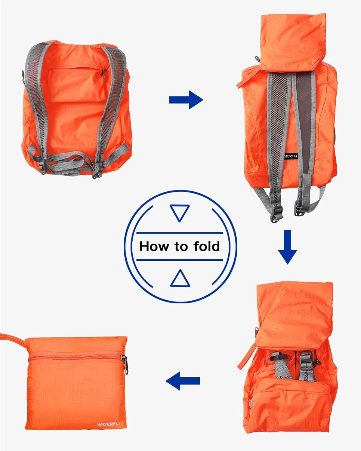 WATERFLY Foldable Lightweight Hiking Backpack: 15L Packable Traveling Daypack Men Women Ultralight Thin Casual Day Pack Bag for Outdoor Sports Camping Beach Park (Orange)