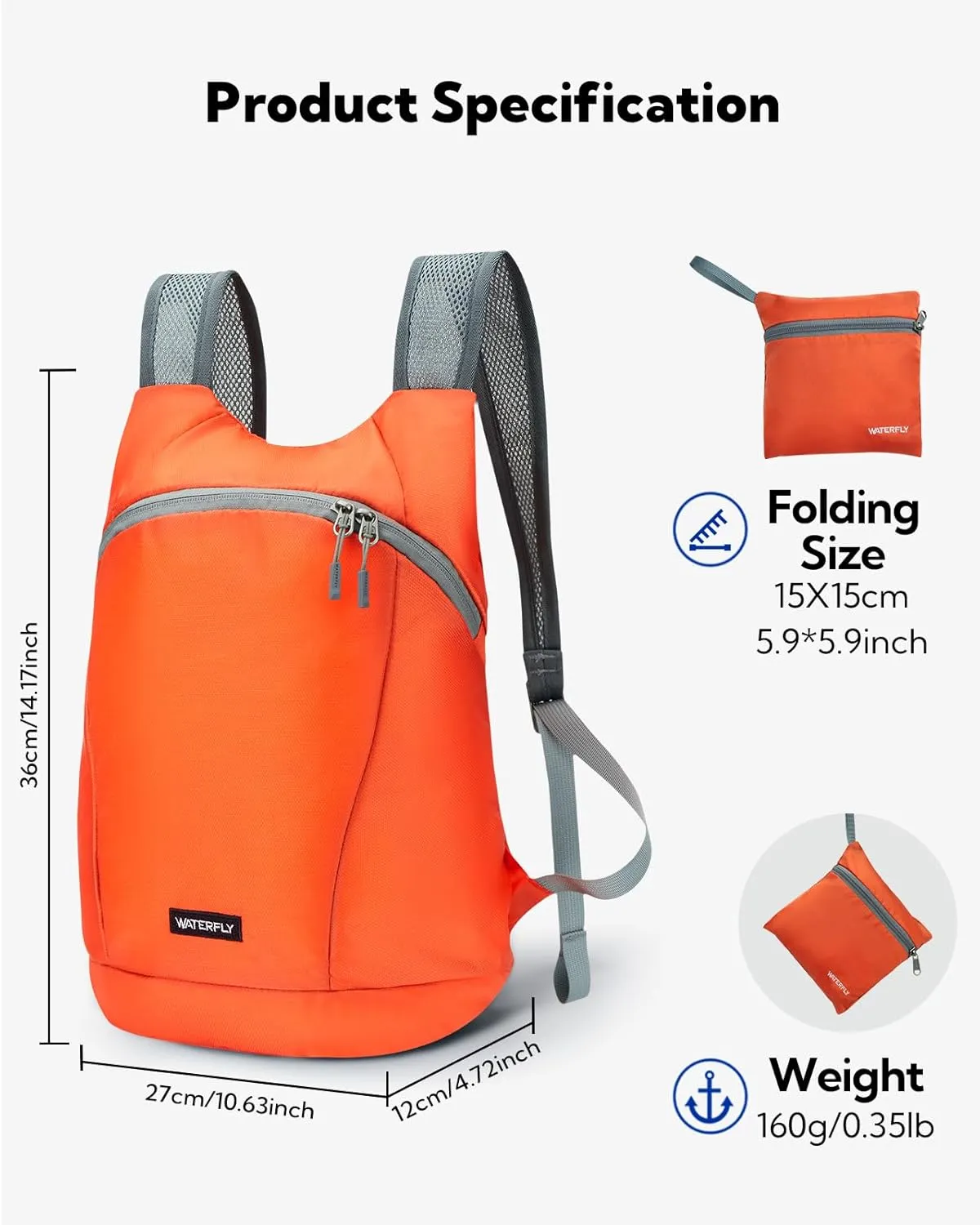 WATERFLY Foldable Lightweight Hiking Backpack: 15L Packable Traveling Daypack Men Women Ultralight Thin Casual Day Pack Bag for Outdoor Sports Camping Beach Park (Orange)