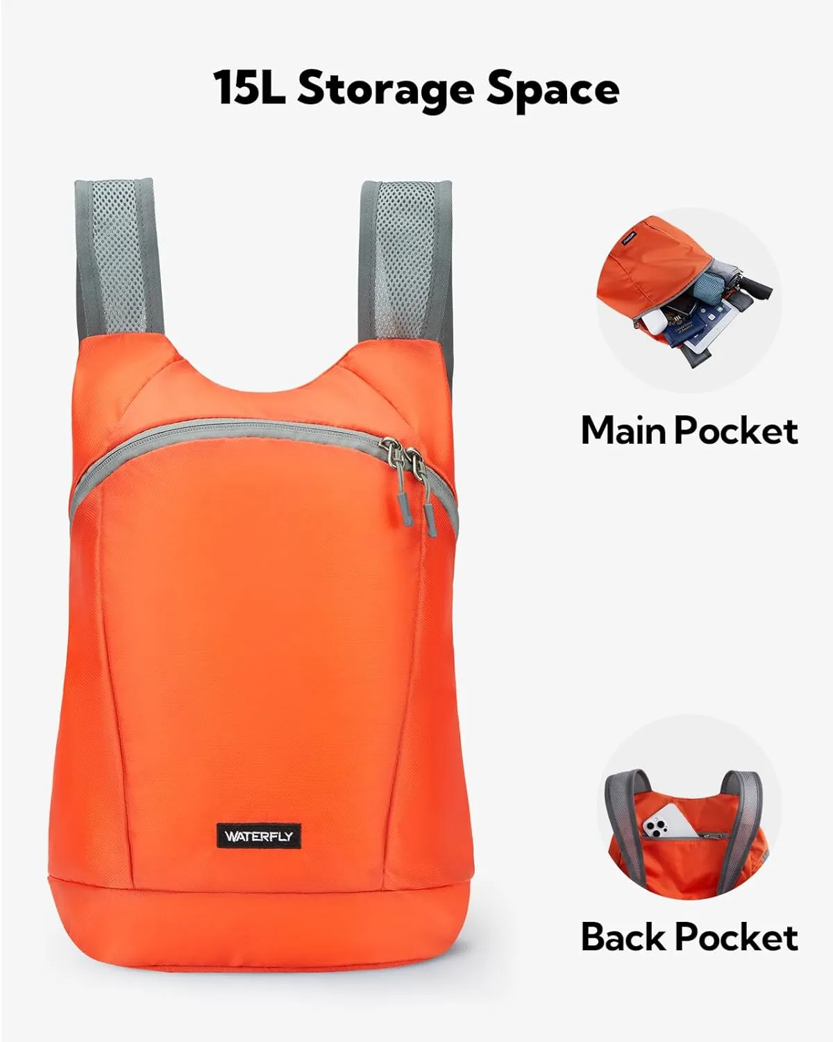 WATERFLY Foldable Lightweight Hiking Backpack: 15L Packable Traveling Daypack Men Women Ultralight Thin Casual Day Pack Bag for Outdoor Sports Camping Beach Park (Orange)