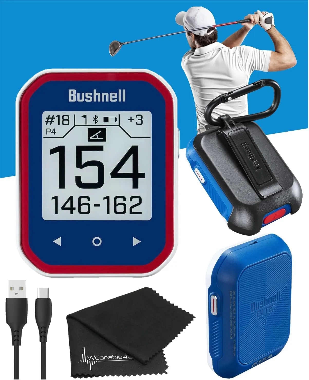 Wearable4U - Bushnell Phantom 3 GPS Rangefinder Blue with BITE Magnetic Mount and GreenView with Lens Cleaning Cloth Bundle