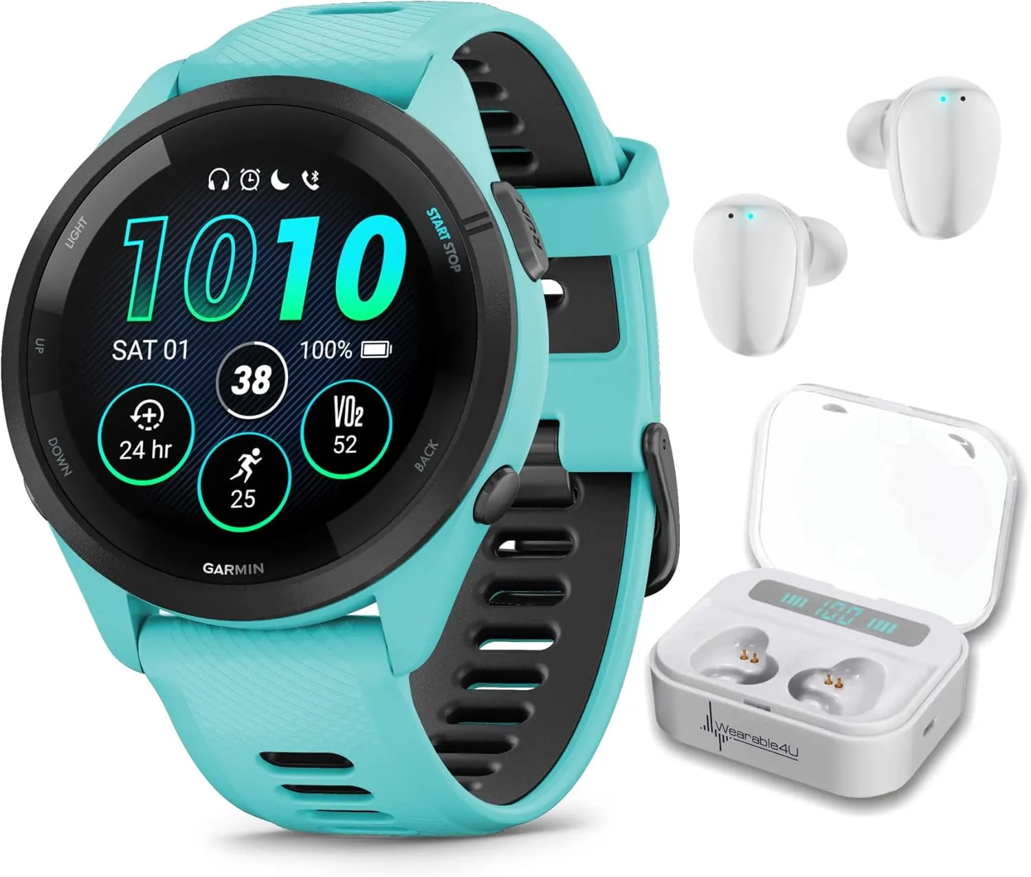 Wearable4U Garmin Forerunner 265 Music GPS Running 46 mm Smartwatch, Aqua with AMOLED 1.3 in Touchscreen Display White Earbuds Bundle