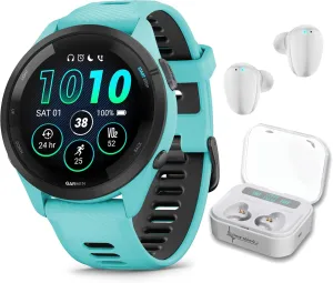 Wearable4U Garmin Forerunner 265 Music GPS Running 46 mm Smartwatch, Aqua with AMOLED 1.3 in Touchscreen Display White Earbuds Bundle
