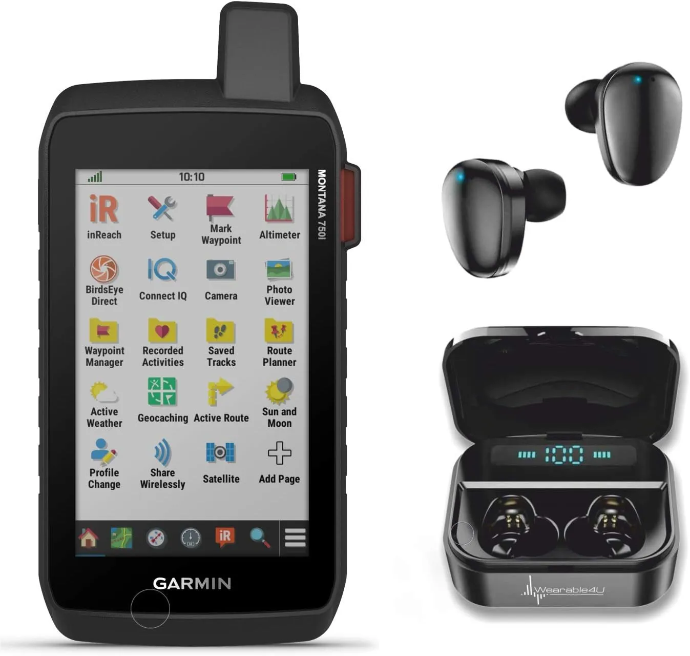 Wearable4U - Garmin Montana 750i Rugged GPS Touchscreen Navigator with 8 Megapixel Camera with Ultimate Black Earbuds with Charging Case Bundle