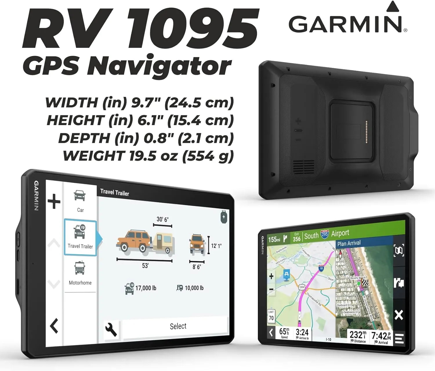Wearable4U - Garmin RV 1095 GPS Navigator, Extra-Large 10 in Display in Landscape or Portrait Mode, Custom RV Routing, High-Resolution Birdseye Satellite Imagery and Power Pack Bundle