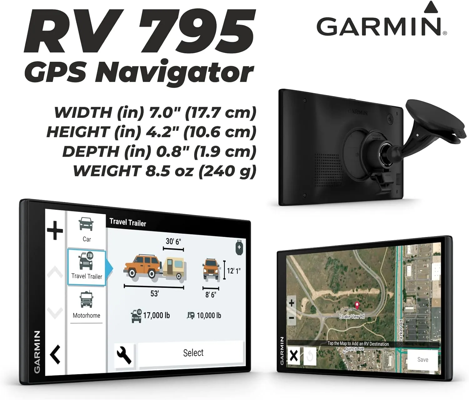 Wearable4U - Garmin RV 795 GPS Navigator, Large, Easy-to-Read 7, Custom RV Routing, High-Resolution Birdseye Satellite Imagery with Power Pack Bundle