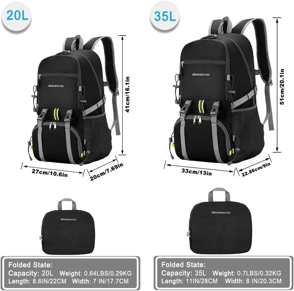 WEREWOLVES 20/35L Lightweight Hiking Backpack, Ultralight Water Resistant Packable Daypack for Women Men