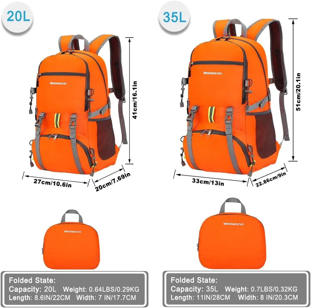 WEREWOLVES 20/35L Lightweight Hiking Backpack, Ultralight Water Resistant Packable Daypack for Women Men