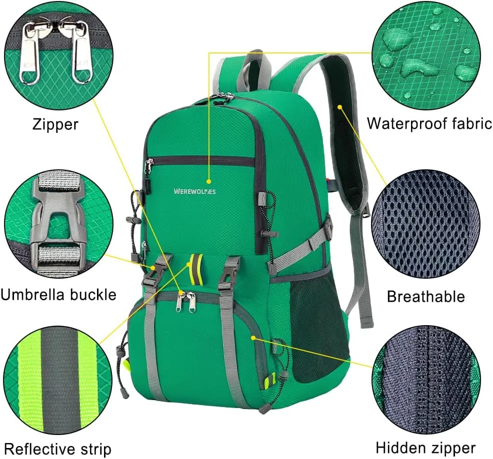 WEREWOLVES 20/35L Lightweight Hiking Backpack, Ultralight Water Resistant Packable Daypack for Women Men