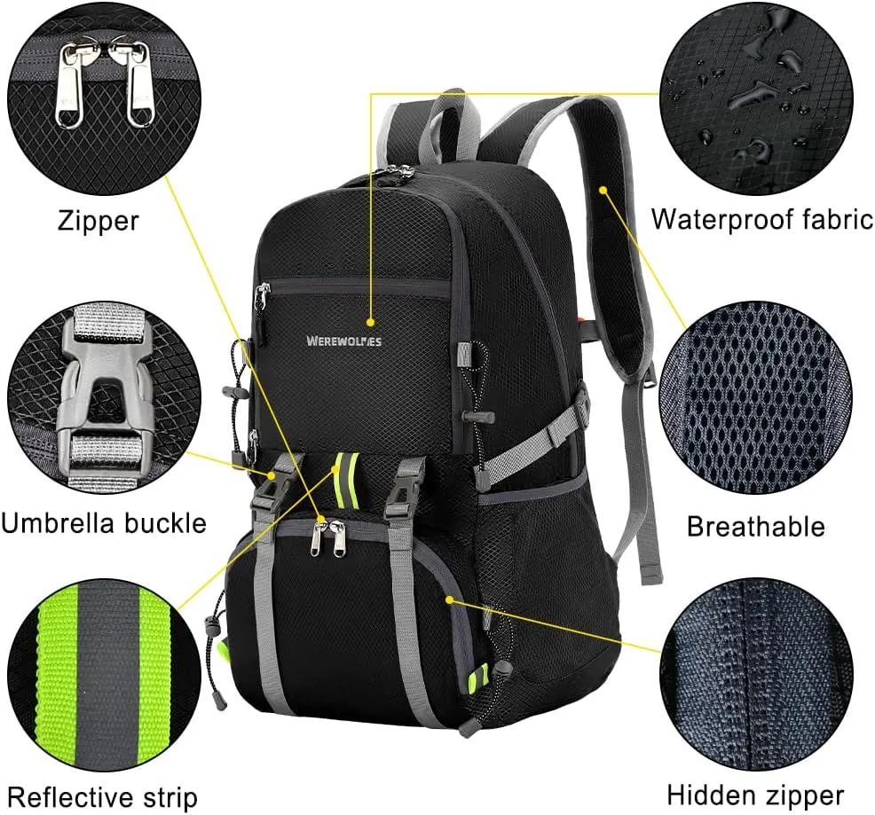 WEREWOLVES 20/35L Lightweight Hiking Backpack, Ultralight Water Resistant Packable Daypack for Women Men