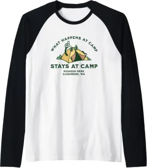 What Happens At Camp, Pioneer Park, Cashmere, WA Raglan Baseball Tee
