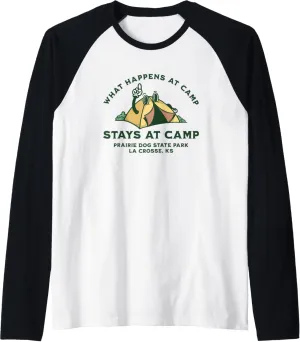 What Happens At Camp, Prairie Dog State Park, La Crosse, KS Raglan Baseball Tee