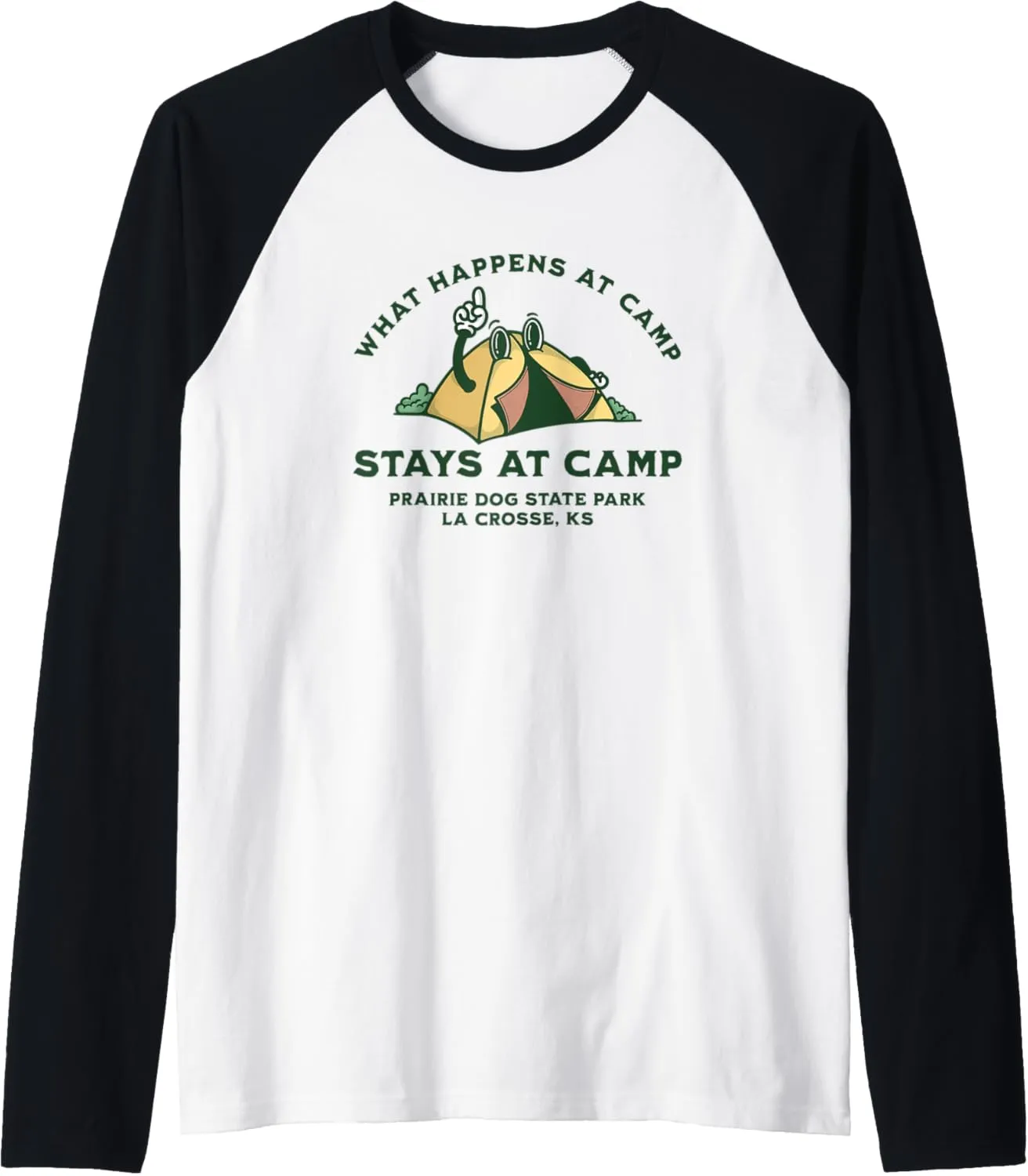 What Happens At Camp, Prairie Dog State Park, La Crosse, KS Raglan Baseball Tee