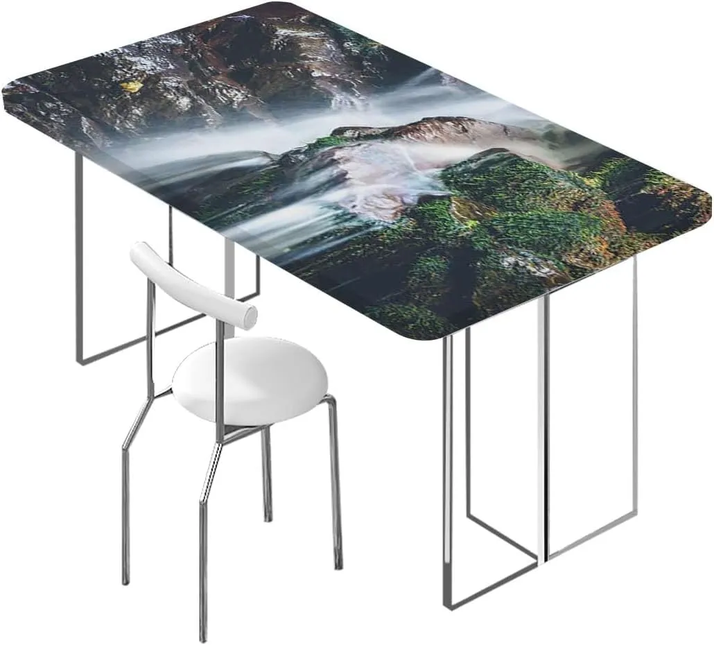 White Green Folding Table Cover Waterfall Down The Cliffs Deep in Forest Rectangle Table Cover for Outdoor Picnic Camping Parties Scenery Fits up 5 Foot Tables